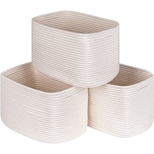 Off White Storage Cubes Baskets Bins for Shelves Set of 3, Rectangular Closet Cube Baskets, Skin-friendly Woven Rope Organizing, Baby Nursery, 13x10x8.26