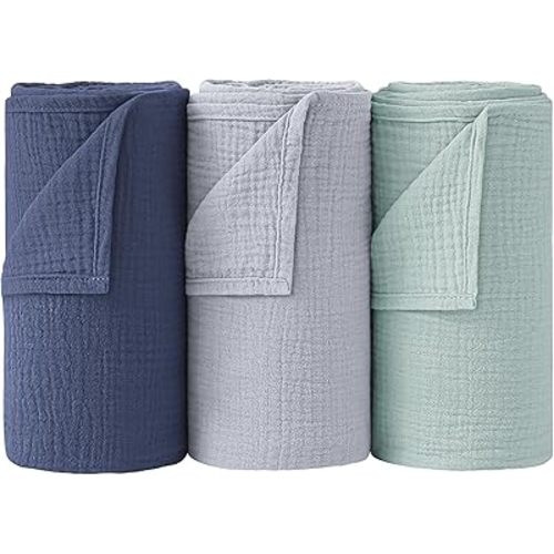 Bearmoss Muslin Swaddle Blankets, 40 x 38 inches Baby Swaddle for Boys and Girls, Soft Baby Blanket, 3 Pack Breathable Nursery Receiving Blankets (Blue Green)