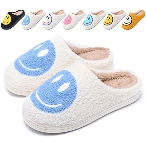 Cute Smile Face Slippers for Women and Men,Soft Plush Comfy Warm Couple Slip-On House Happy Face Slippers For Winter Indoor Outdoor Smile Slippers Non-slip Fuzzy Flat Slides