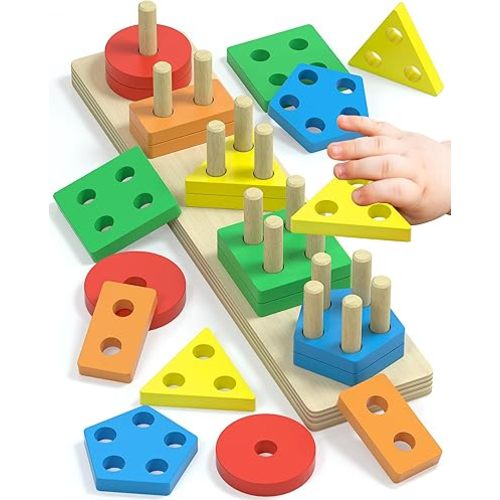 Montessori Toys for 1 2 Year Old Boy Girl, Toddler Toys Age 1-2, 1 2 Year Old Boy Girl Birthday Gifts, Education Toddler Puzzles for Wooden Toys Ages 1-3, Stacking Block Toys for Toddlers 1-3