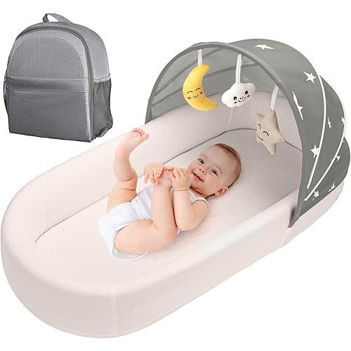 Travel Bassinet Portable Baby Bassinet, Baby Lounger for Newborn, Infant and Toddler, Suitable for Indoor & Outdoor Carrying, Mini Cribs Co Sleeper for Baby in Bed, Foldable Washable, Grey