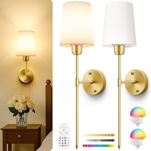 Battery Operated Wall Sconces Set of 2, Gold, 15 RGB, 23 Inch
