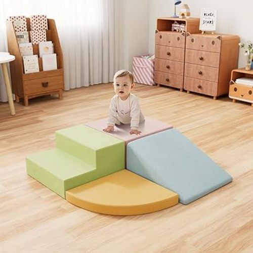 4 Piece Foam Climbing Blocks for Toddlers, Baby Climbing Gym with Ultra High Density Foam for Crawling and Sliding, Indoor Soft Play Set for Infant, Babies & Kids - Multicolor (Multicolor A, 4-Piece)
