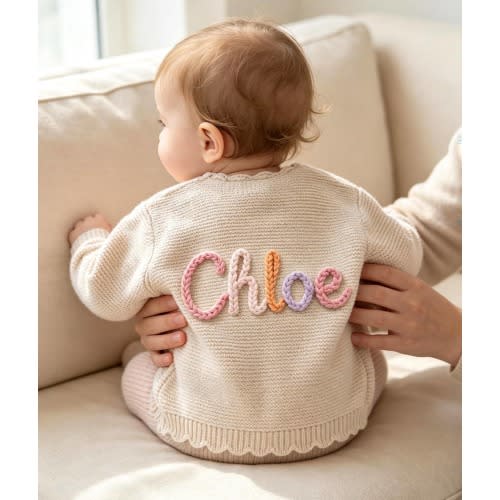 Personalized Hand-Knit Baby Cardigan, Baby Girl Cardigan, Knitted Cardigan Toddler, Infant Cardigan with Name, Baby Gift for Girls & Boys