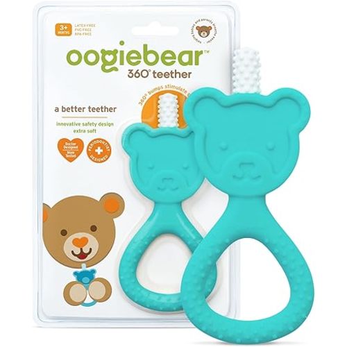 oogiebear 360˚ Teether - Safe Teething Toys for Babies 3 Months and Older | Soft Bristle Teddy Bear Silicone Teether | Super Soft BPA-Free Silicone Teether Toy - Seafoam