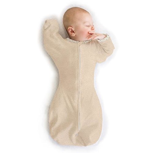 SwaddleDesigns Transitional Swaddle Sack with Arms Up Half-Length Sleeves and Mitten Cuffs, Heathered Oatmeal with Polka Dot Trim, Medium, 3-6 Mo, 14-21 lbs (Better Sleep, Easy Swaddle Transition) - Medium (14-21 Pound)