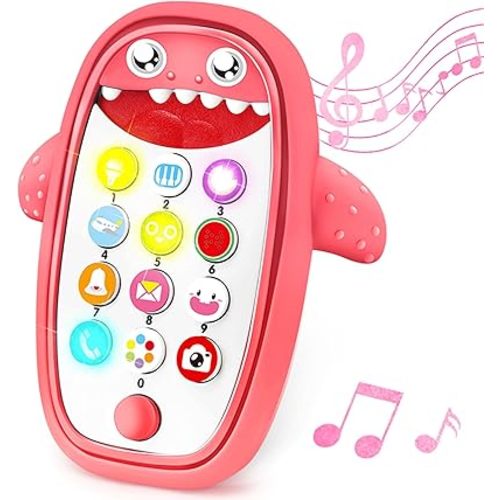 Baby Shark Cell Phone Toy Removable Teether Case, Light, Music & Adjustable Volume Kids Play & Learn Fake Phone Infant Toddler, Preschool Holiday Birthday Presnet for Girl Boy 0-6, 6-18 Months (Red)