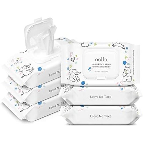 Nolla Nose and Face Wipes for Babies & Kids with Saline, Vitamin E, & Aloe | Unscented | Compostable, 180 Count (6 Packs of 30)