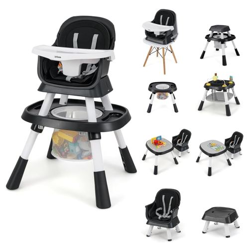 INFANS 9 in 1 High Chair, Convertible Baby Highchair for Babies and Toddlers, Table and Chair Set Building Block Infant Dining Booster Seat, Kids Stool with Activity Children Play Kitchen(Black)