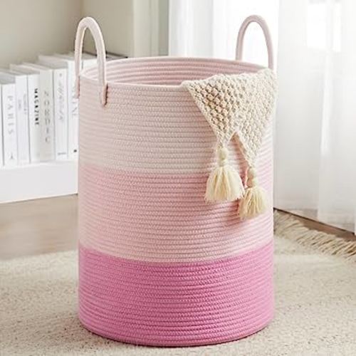 Cotton Rope Laundry Hamper by Fiona's magic, Tall Woven Laundry Basket Storage, Baby Nursery Hamper for Blankets, Toys and Clothes Hamper for Bedroom and Living Room Organizing, 58L, Pink