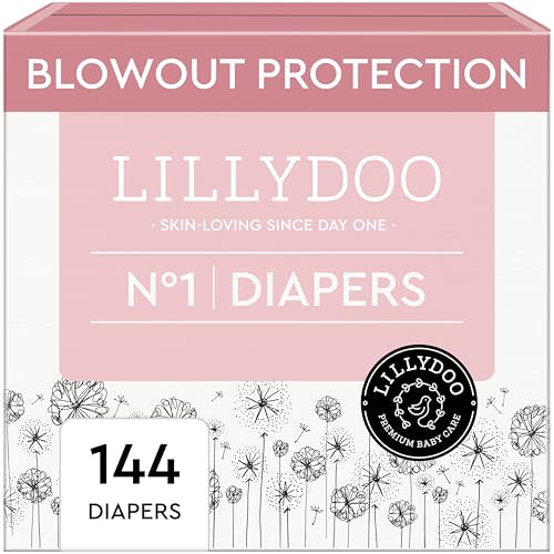 LILLYDOO Baby Diapers - Size 1 (4-11 lbs), Monthly Supply (144 Count), Leak Protection, Skin-Friendly, Ultrasoft, Perfume- & Chlorine-Free, Hypoallergenic, Dermatologist Tested, Oeko-TEX®
