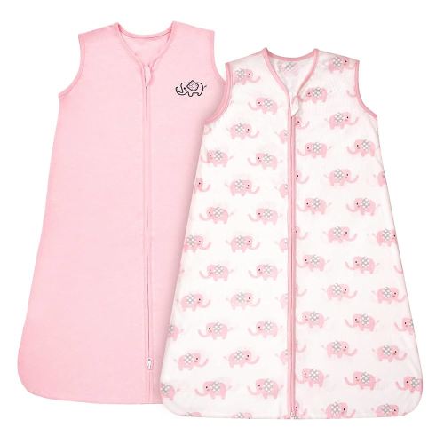 TILLYOU Sleep Sack 0-6 Months - 0.5 TOG Baby Wearable Blanket with 2-Way Zipper, Extra Soft Cotton Sleeveless Sleeping sack 2 Pack, Pink Elephant