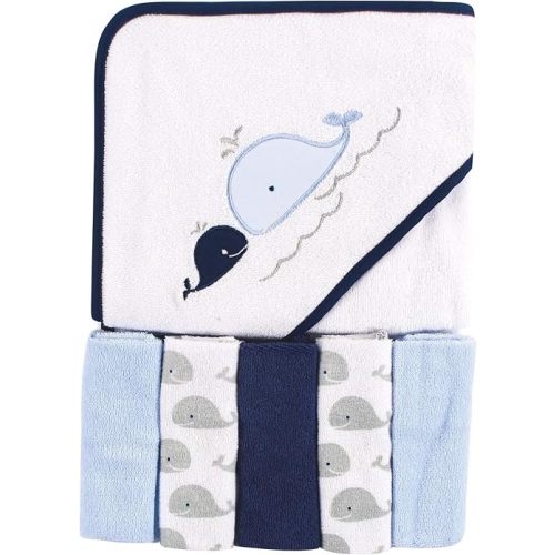 Luvable Friends Unisex Baby Hooded Towel with Five Washcloths, Whale
