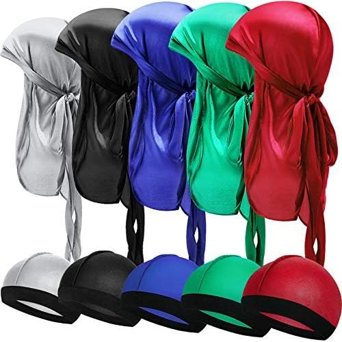 10 Pieces Kids Satin Silk Durag with Wave Caps Set Unisex Baby Durags 360 Wave Wide Strap Headwraps Long Tail Turban Beanies