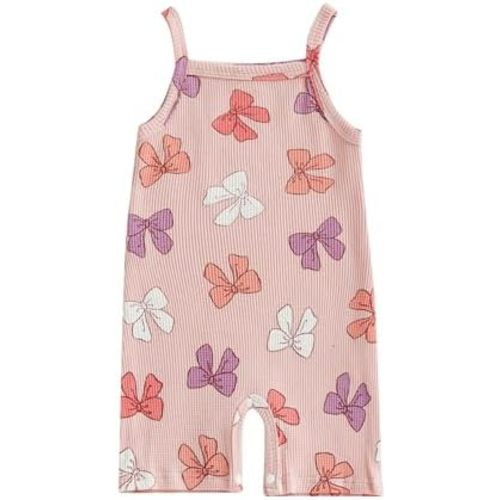 Toddler Baby Girls Summer Casual Romper Waffle Knit Sleeveless Bow Print Shorts Jumpsuit Loose Fit Outfits