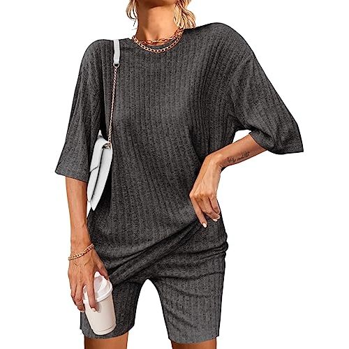 Ekouaer Pajamas 2 Piece Lounge Sets Ribbed Knit Matching Outfits T-shirt Biker Shorts Sleepwear Loungewear Sweatsuits