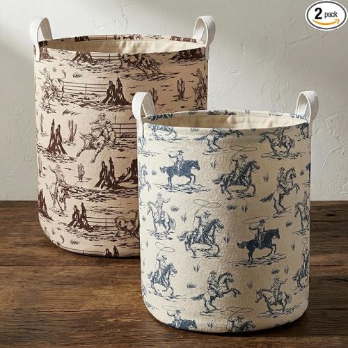 2Pcs Western Cowboy Cute Kids Laundry Basket Baby Nursery Hamper Western Room Decor Foldable Oxford Cloth Funny Tote Clothes Storage Bucket Organizer For Bedroom Teen Girls Boy (Cowboy)