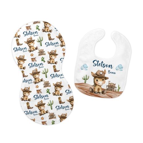 Western Bib and Burp Cloth Set, Cowboy Bib, Cowboy Burp Cloth, Western Nursery Theme, Personalized Cowboy Bib, Cowboy Baby Shower Gift, D13