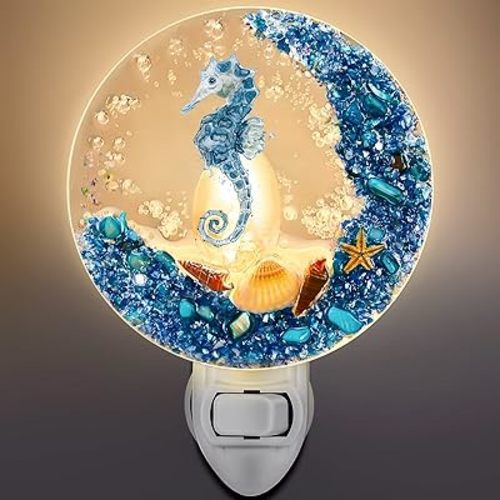 Hortsun Plug in Seashell Night Light Ocean Sea Animal Decorative Night Light Plug in Beach Lamps Vintage Ocean Lamps for Adult for Home Bedroom Living Room Bathroom Wall(Sea Horse)