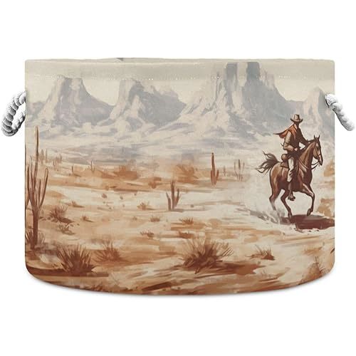 Western Desert Cowboy Cotton Rope Basket Large Round Baby Laundry Basket Toy Blanket Books Storage Bin for Bedroom Bathroom Nursery Home Decor, 20 x 14 Inch
