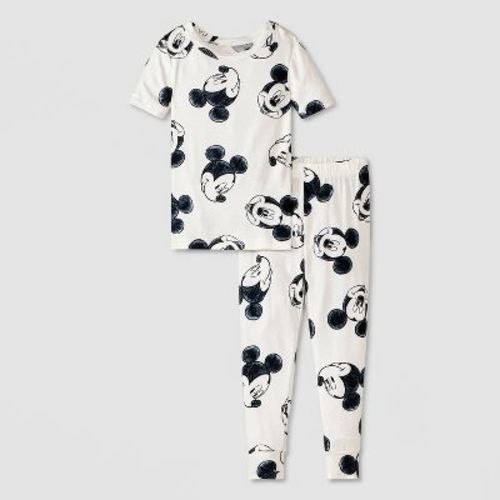 Toddler 2pc Snug Fit Mickey Mouse and Friends Pajama Set - White 3T: Crew Neck, Short Sleeve Top, Long Pant, Viscose Blend