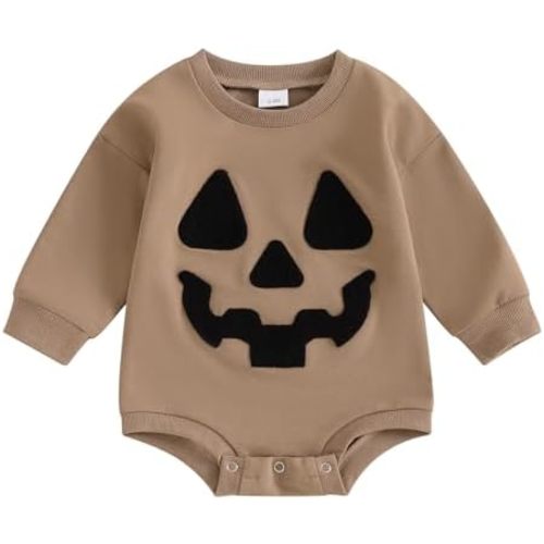 Halloween Newborn Baby Boy Outfit Long Sleeve Sweatshirts Rompers Pumpkin Face Patch Infant Fall Winter Clothes