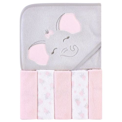Hudson Baby Infant Girl Hooded Towel And Five Washcloths, Pink Elephant, One Size