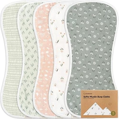 5-Pack Muslin Burp Cloths for Baby Boys and Girls - Super Absorbent Baby Burp Cloth, Viscose Derived from Bamboo Cotton Baby Washcloths, Burp Rags, Large Neutral Burp Clothes for Newborn (Fleur)