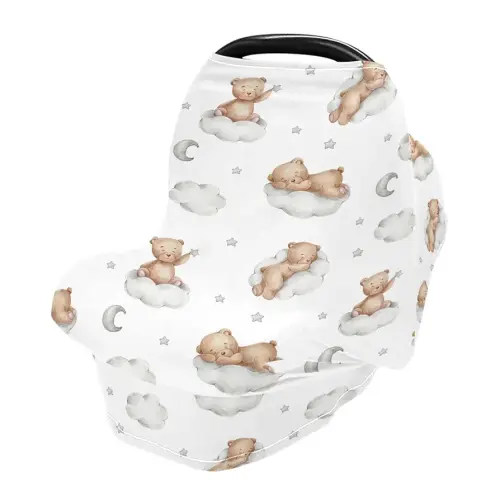 Car Seat Covers for Babies Breathable Breastfeeding Cover Stretchy & Soft Shopping Cart Cover Shower Gifts Seamless Pattern Teddy Bears on Clouds