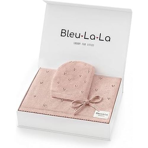 Luxe Collection 100% Organic Cotton Luxury Knit Baby Blanket + Hat Set (Pointelle - Ballet Slippers)