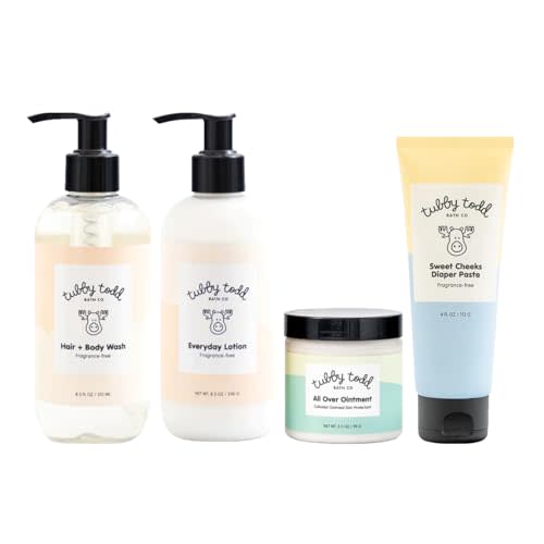 TUBBY TODD Baby Bath & Skincare Kit - The Baby Bundle - Baby Shampoo and Body Wash, Everyday Lotion, All Over Ointment & Diaper Paste Cream Gift Set - Standard Size Fragrance-Free