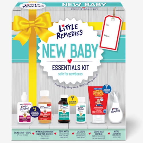 Little Remedies New Baby Essentials Kit with Saline Nasal Spray, Diaper Rash Cream, Gas Relief Drops, Gripe Water & More, Safe for Newborns