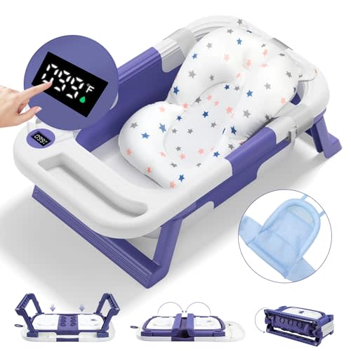 Tiwguu Baby Bathtub for Infants to Toddler, Collapsible Baby Bath Tub, with Thermometer & Soft Floating Cushion & Bath Net, No-Slip Hanging Portable Bathtub, Blue