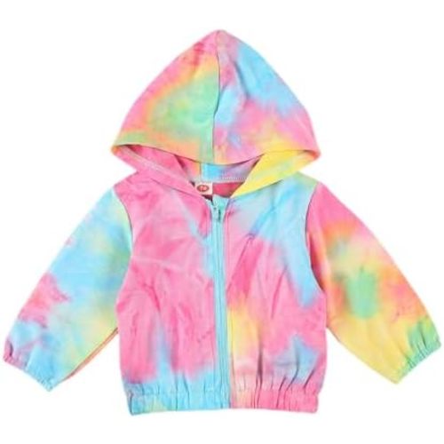 Emmababy Tie Dye Sweatshirt Jacket Baby Girl Hoodie Zipper Long Sleeve Rainbow Print Coat Toddler Hooded Zip Up Outerwear