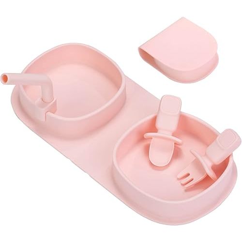 Silicone Toddler Baby Plates Dishes - Kids Portable Led Weaning Plate, Infant Non-slip Divided Grip Dish Self Feeding Training With Spoon Fork For Outdoor Dinner (Pink)