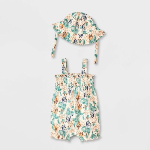 Baby Girls' 2pc Bluey Gauze Romper & Hat Set - Ivory 0-3m