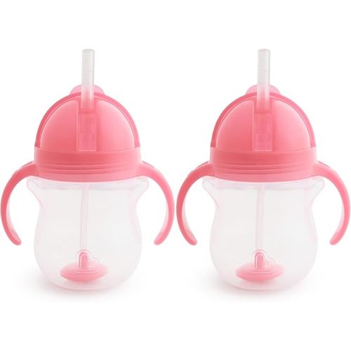 Munchkin Any Angle Sippy Cups for Toddlers, Spill Proof Weighted Straw Cup with Transition Handles for Babies 6 Months and Up, 7 Ounce, 2 Pack, Pink/Purple