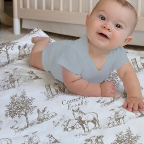 Toile Farm Animal Blanket Baby Boy/Personalized Swaddle Set Vintage Barnyard Animals/Baby Shower Gift/Farm Nursery Bedding