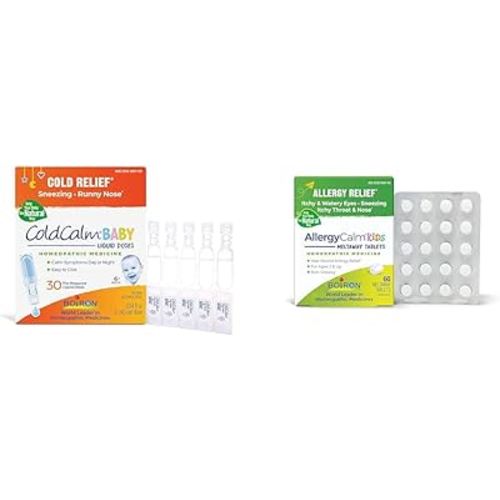 Boiron ColdCalm Baby Drops for Cold Symptoms and AllergyCalm Kids Tablets for Allergy Symptoms - 30 Count Liquid Doses and 60 Count Tablets