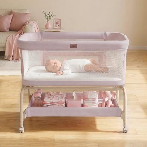 BabyBond Bassinet Bedside Crib, Stable and Secure Crib for Newborns, Pink | 3-in-1 Baby Bassinet Bedside Sleeper with Mattress and Sheet, Anti-Reflux, Full-Mesh Sides, 6-Height Adjustable