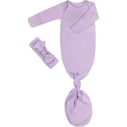 Newborn Baby Knotted Gown, Super Soft Silky Infant Long Sleeve Sleeper for Baby Girl and Boy Sleeping Bag with Hat