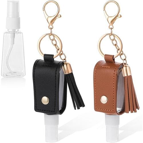 2 Pcs Hand Sanitizer Holder Travel Size, 1oz/30ml Small Squeeze Bottle with Keychain Portable Empty Travel Bottles Hand Refillable Containers for Liquid Storage(Black+Brown)
