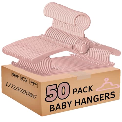 Baby Nursery Closet Hangers, 360° Swivel Hook Kids Hangers, Non-Slip Plastic Infant Hangers, 50pcs Nude Pink 11-14.5" Adjustable Baby Clothes Hangers for Girl Boy Toddler Child Hangers