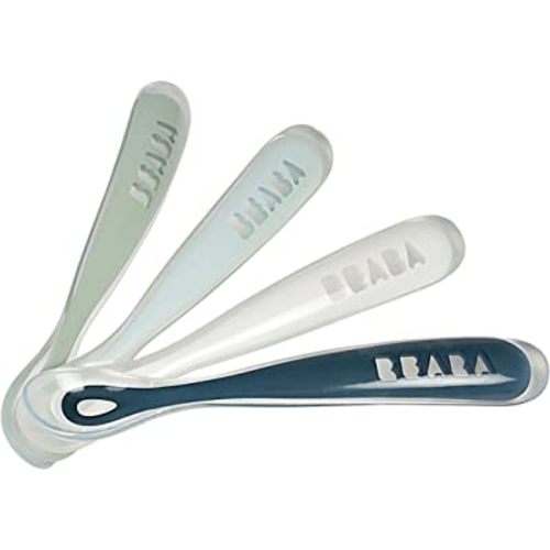 BEABA Baby's First Foods Spoon Set, Original Silicone Baby Spoons, Baby Essentials, Baby Spoons, Pack of 4 Baby Gift Set, BPA Lead & Phthalate Free, Rain