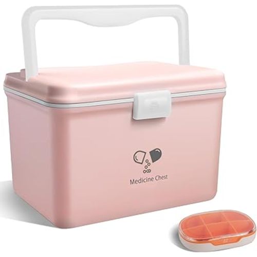 Medicine Box With Latch Lock,Box For Medication with Pill Case To Store Medicine And Pill,12.63 * 9.88 * 9.05 inches (Pink)