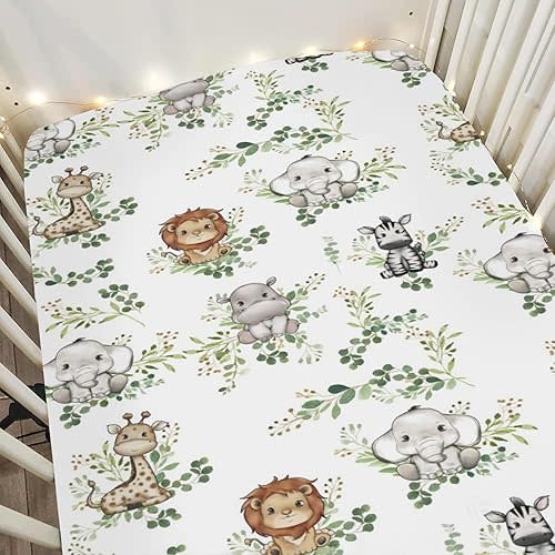 Cute Jungle Safari Animals Green Leaves Baby Crib Sheets for Boy Girl 52"x28" Lion Giraffe Elephant Zebra Soft Snug Fitted Crib Mattress Cover Baby Sheet for Standard Crib & Toddler Mattress Pad