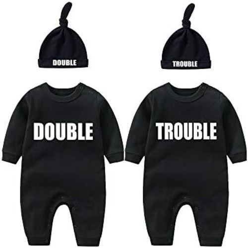 YSCULBUTOL Baby Twins Bodysuits Funny Double Trouble Cute Girl Romper Twin Jumpsuits Hat Set