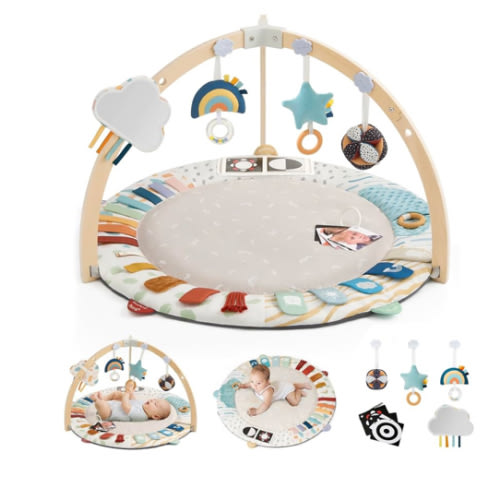 Blissful Diary Baby Play Gym & Activity Mat, 5 Developmental Zones Wooden Tummy Time Mat with 5 Detachable Sensory Toys for Motor Skills & Sensory Development, Baby Essentials Shower Gift