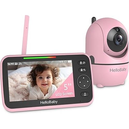 HelloBaby Upgrade Monitor, 5''Sreen with 30-Hour Battery, Pan-Tilt-Zoom Video Baby Monitor with Camera and Audio, Night Vision, VOX, 2-Way Talk, 8 Lullabies, 1000ft Range No WiFi, Ideal Gifts - Pink