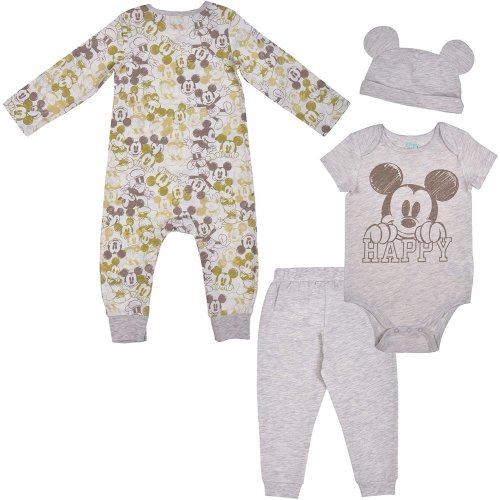 Disney 3 Pack Mickey Mouse Jogger and creepers Set with Cap, Bodysuit Bundle for Baby, Size 6M Off-White